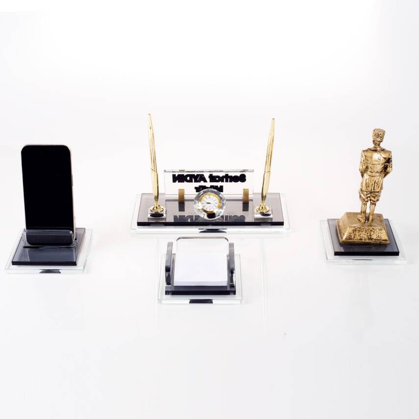 Prime Atatürk Biblolu Kristal Masaüstü İsimlik Seti Ofis Hediyesi Masa İsimliği Gold Kalemlik Takımı - 4