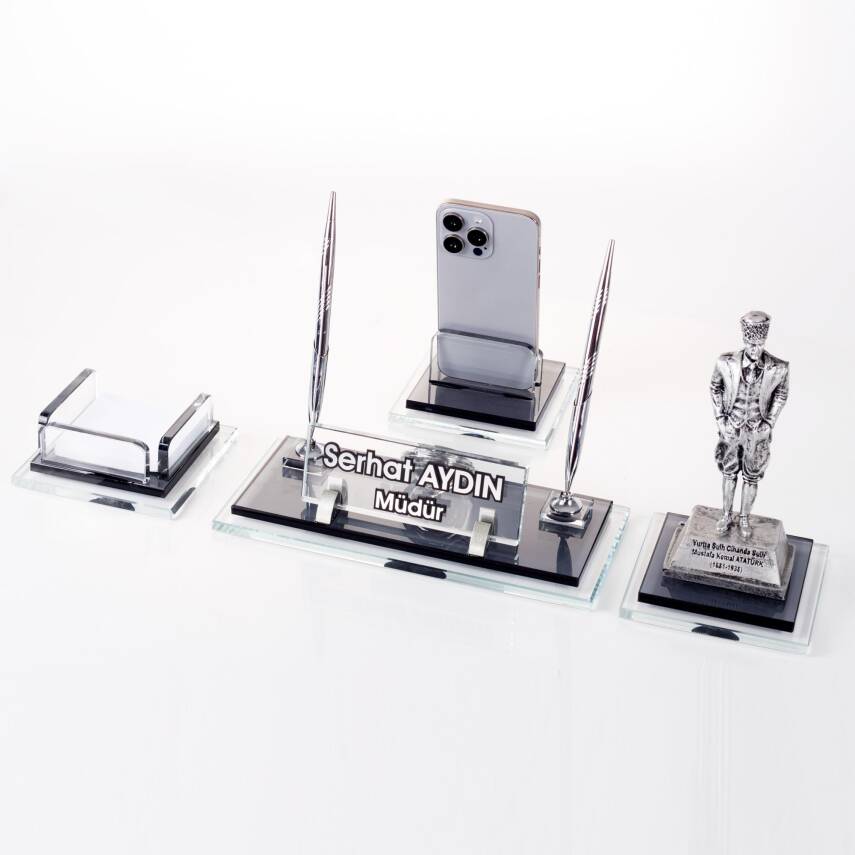 Prime Atatürk Biblolu Kristal Masaüstü İsimlik Seti Ofis Hediyesi Masa İsimliği Gümüş Kalemlik Takımı - 1