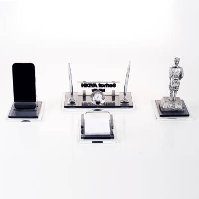 Prime Atatürk Biblolu Kristal Masaüstü İsimlik Seti Ofis Hediyesi Masa İsimliği Gümüş Kalemlik Takımı - 4