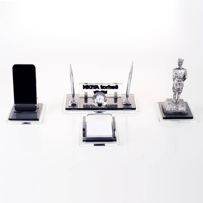 Prime Atatürk Biblolu Kristal Masaüstü İsimlik Seti Ofis Hediyesi Masa İsimliği Gümüş Kalemlik Takımı - 4