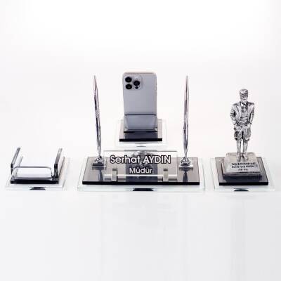 Prime Atatürk Biblolu Kristal Masaüstü İsimlik Seti Ofis Hediyesi Masa İsimliği Gümüş Kalemlik Takımı - 3