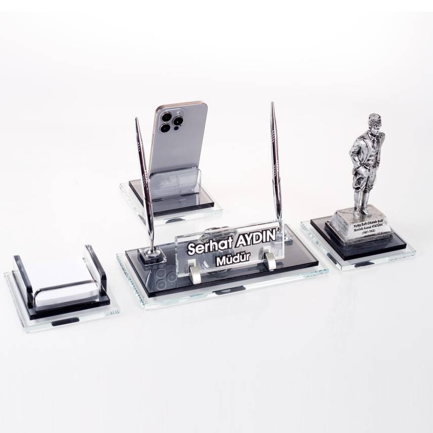 Prime Atatürk Biblolu Kristal Masaüstü İsimlik Seti Ofis Hediyesi Masa İsimliği Gümüş Kalemlik Takımı - 2