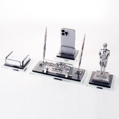 Prime Atatürk Biblolu Kristal Masaüstü İsimlik Seti Ofis Hediyesi Masa İsimliği Gümüş Kalemlik Takımı - Ofistike