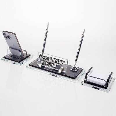 Prime Gümüş Kristal Masaüstü İsimlik Seti Ofis Hediyesi Masa İsimliği Şık Masalık Kalemlik Takımı - Ofistike