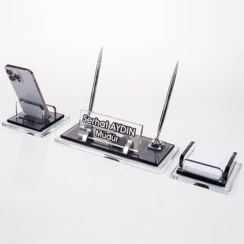 Prime Gümüş Kristal Masaüstü İsimlik Seti Ofis Hediyesi Masa İsimliği Şık Masalık Kalemlik Takımı - 1