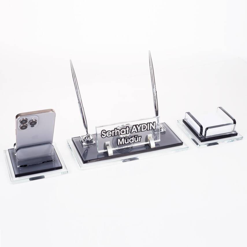 Prime Gümüş Kristal Masaüstü İsimlik Seti Ofis Hediyesi Masa İsimliği Şık Masalık Kalemlik Takımı - 2