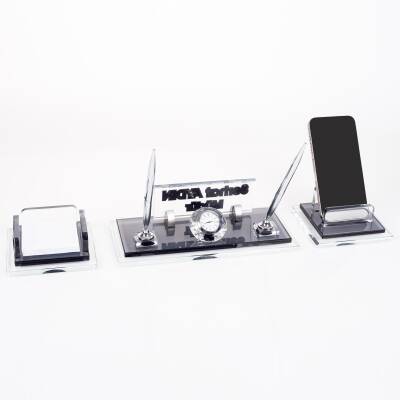 Prime Gümüş Kristal Masaüstü İsimlik Seti Ofis Hediyesi Masa İsimliği Şık Masalık Kalemlik Takımı - 4