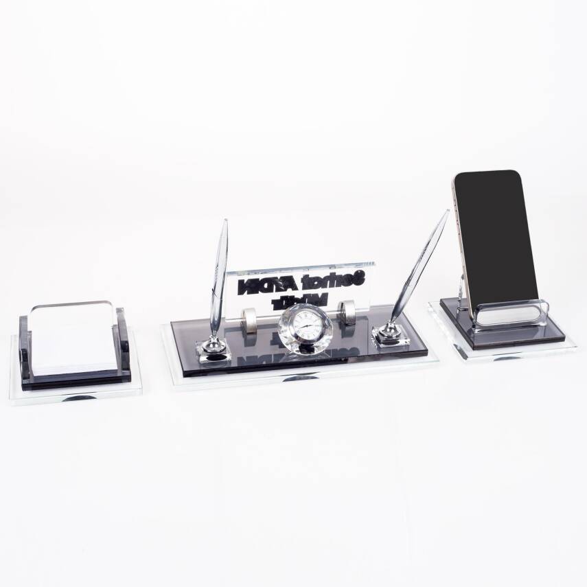 Prime Gümüş Kristal Masaüstü İsimlik Seti Ofis Hediyesi Masa İsimliği Şık Masalık Kalemlik Takımı - 4