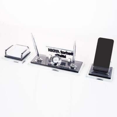 Prime Gümüş Kristal Masaüstü İsimlik Seti Ofis Hediyesi Masa İsimliği Şık Masalık Kalemlik Takımı - 5