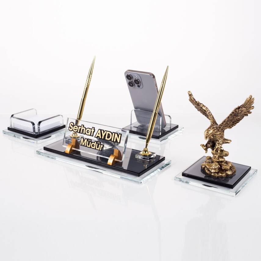 Prime Kartal Biblolu Kristal Masaüstü İsimlik Seti Ofis Hediyesi Masa İsimliği Şık Kalemlik Takımı - 1