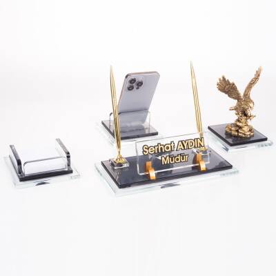 Prime Kartal Biblolu Kristal Masaüstü İsimlik Seti Ofis Hediyesi Masa İsimliği Şık Kalemlik Takımı - 3