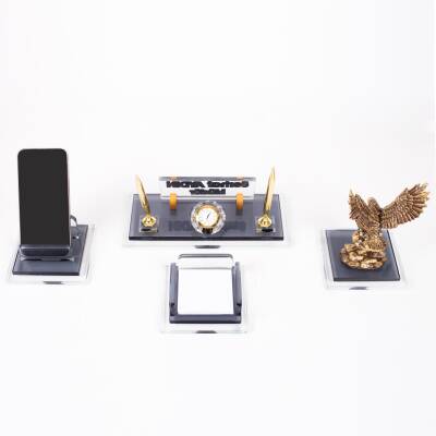 Prime Kartal Biblolu Kristal Masaüstü İsimlik Seti Ofis Hediyesi Masa İsimliği Şık Kalemlik Takımı - 4