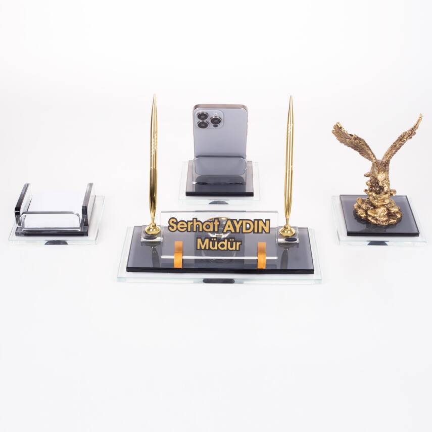 Prime Kartal Biblolu Kristal Masaüstü İsimlik Seti Ofis Hediyesi Masa İsimliği Şık Kalemlik Takımı - 2