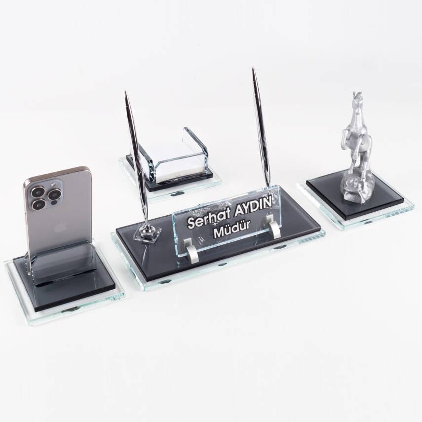 Prime Şahlanan At Biblolu Kristal Masaüstü İsimlik Seti Ofis Hediyesi Masa İsimliği Kalemlik Takımı - 2