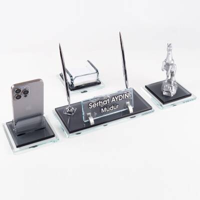 Prime Şahlanan At Biblolu Kristal Masaüstü İsimlik Seti Ofis Hediyesi Masa İsimliği Kalemlik Takımı - 2