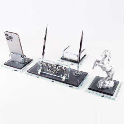 Prime Şahlanan At Biblolu Kristal Masaüstü İsimlik Seti Ofis Hediyesi Masa İsimliği Kalemlik Takımı - Ofistike