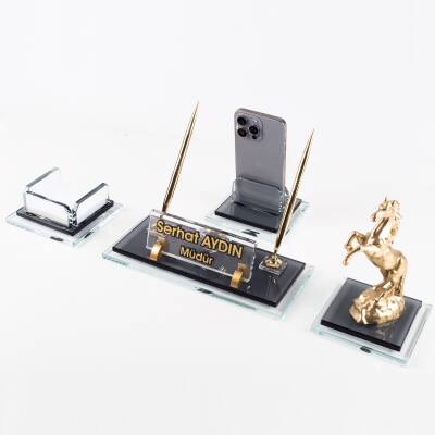 Prime Şahlanan At Biblolu Kristal Masaüstü İsimlik Seti Ofis Hediyesi Masa İsimliği Kalemlik Takımı - Ofistike