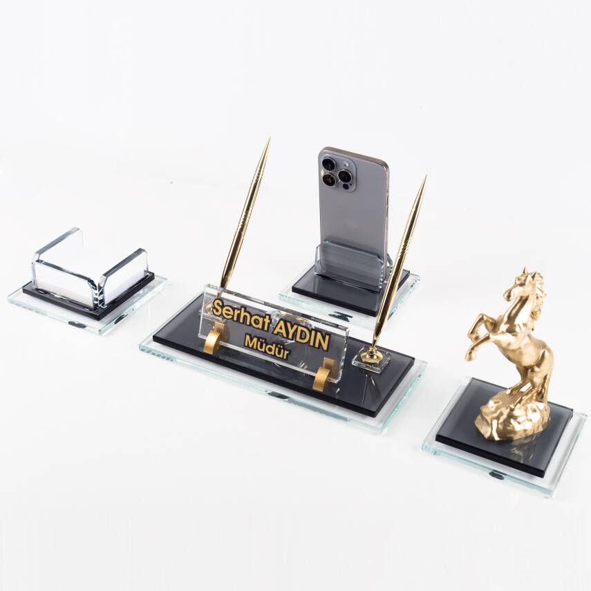 Prime Şahlanan At Biblolu Kristal Masaüstü İsimlik Seti Ofis Hediyesi Masa İsimliği Kalemlik Takımı - 1