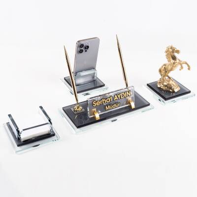 Prime Şahlanan At Biblolu Kristal Masaüstü İsimlik Seti Ofis Hediyesi Masa İsimliği Kalemlik Takımı - 2