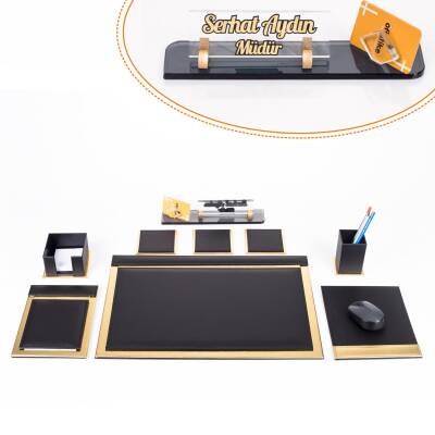 Punto Altın Varak Deri Sümen Takımı Kartvizitlikli Kristal İsimlikli Kabartma Yazılı Sümen Seti 