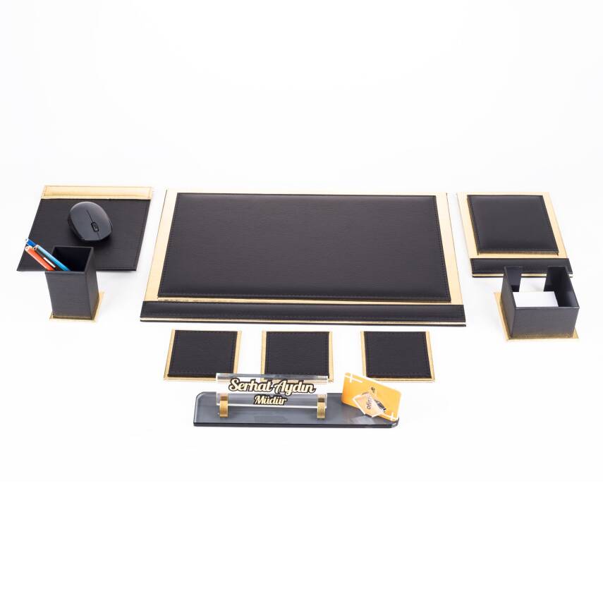 Punto Altın Varak Deri Sümen Takımı Kartvizitlikli Kristal İsimlikli Kabartma Yazılı Sümen Seti - 3