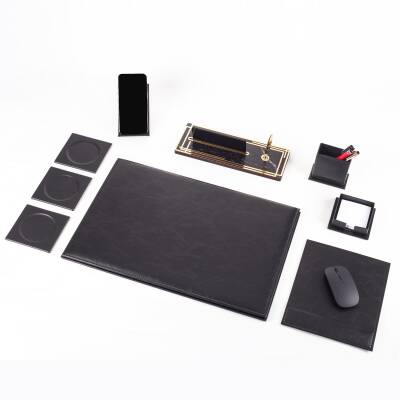 Ravena Ofis Siyah Deri Sümen Takımı ve Ahşap Masa İsimliği Ofis Masa Sümen Seti ve İsimlik - 4