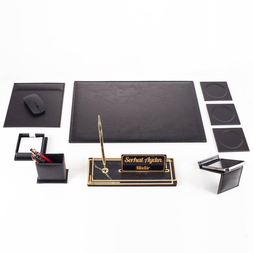 Ravena Ofis Siyah Deri Sümen Takımı ve Ahşap Masa İsimliği Ofis Masa Sümen Seti ve İsimlik - 5