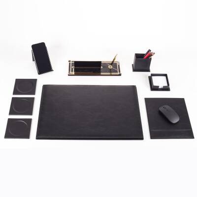 Ravena Ofis Siyah Deri Sümen Takımı ve Ahşap Masa İsimliği Ofis Masa Sümen Seti ve İsimlik - 2