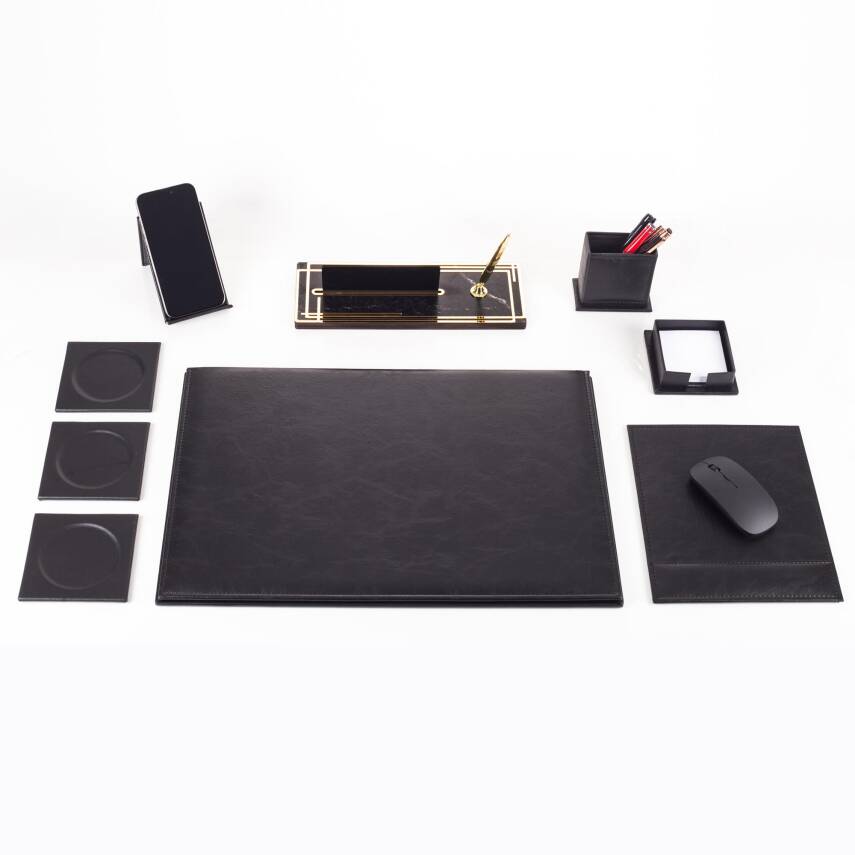 Ravena Ofis Siyah Deri Sümen Takımı ve Ahşap Masa İsimliği Ofis Masa Sümen Seti ve İsimlik - 2