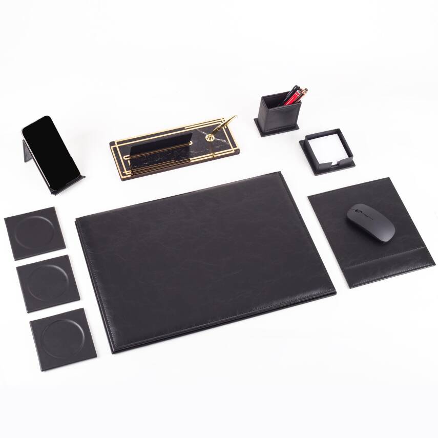 Ravena Ofis Siyah Deri Sümen Takımı ve Ahşap Masa İsimliği Ofis Masa Sümen Seti ve İsimlik - 3