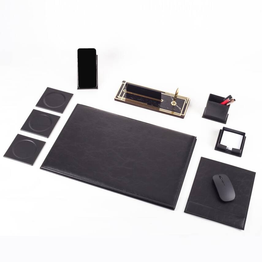 Ravena Ofis Siyah Deri Sümen Takımı ve Ahşap Masa İsimliği Ofis Masa Sümen Seti ve İsimlik - 4