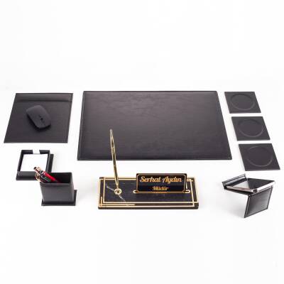 Ravena Ofis Siyah Deri Sümen Takımı ve Ahşap Masa İsimliği Ofis Masa Sümen Seti ve İsimlik - 5