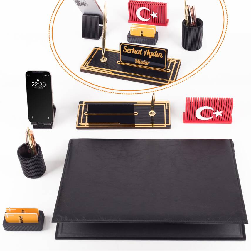 Redora Türk Bayrağı Biblolu Siyah Deri Sümen Seti İsme Özel Ofis Masa İsimliği Masaüstü İsimlik Seti - 1