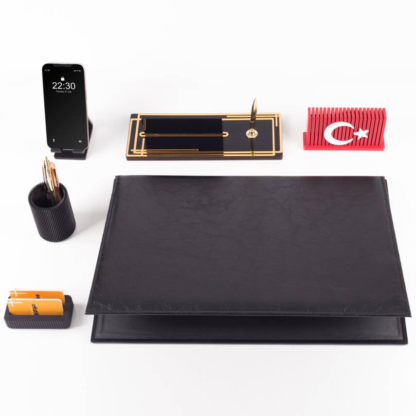 Redora Türk Bayrağı Biblolu Siyah Deri Sümen Seti İsme Özel Ofis Masa İsimliği Masaüstü İsimlik Seti - 2