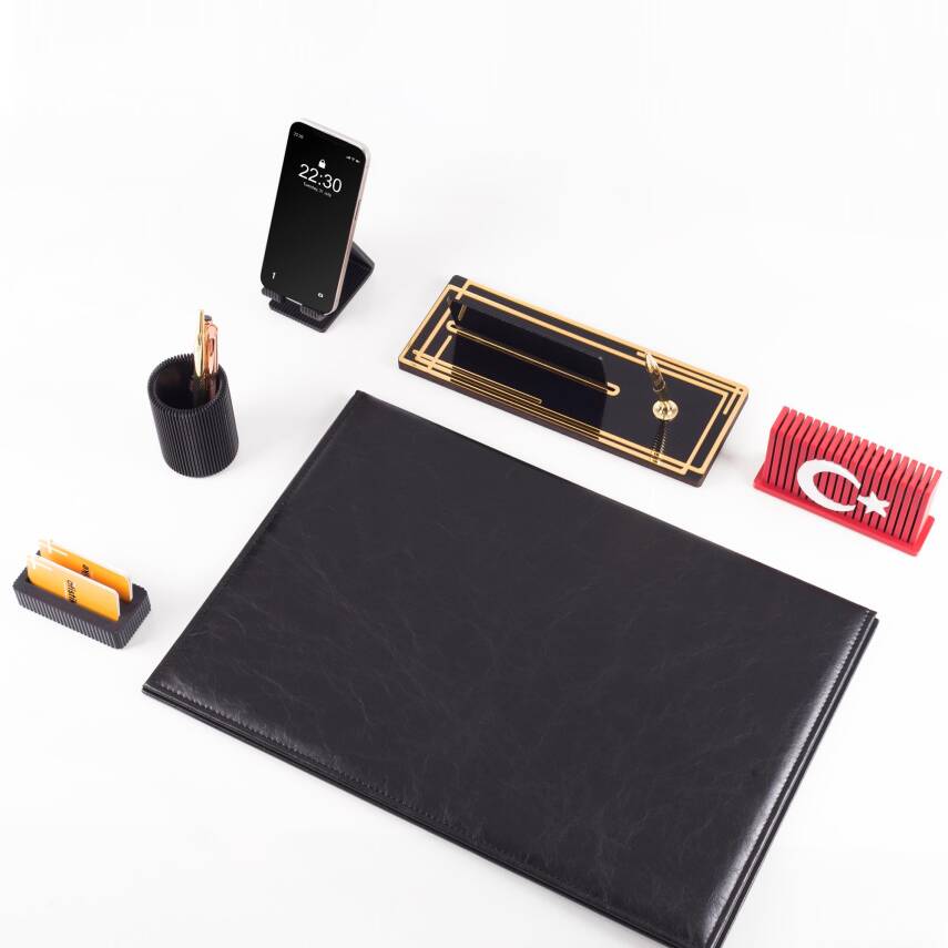 Redora Türk Bayrağı Biblolu Siyah Deri Sümen Seti İsme Özel Ofis Masa İsimliği Masaüstü İsimlik Seti - 3