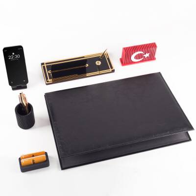 Redora Türk Bayrağı Biblolu Siyah Deri Sümen Seti İsme Özel Ofis Masa İsimliği Masaüstü İsimlik Seti - 4