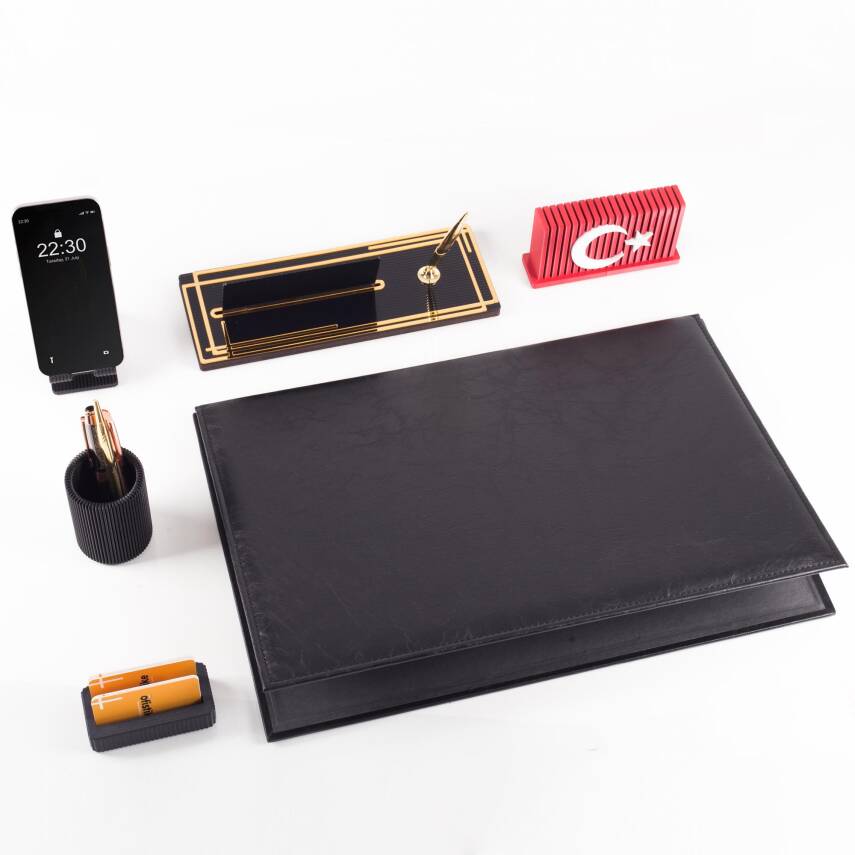 Redora Türk Bayrağı Biblolu Siyah Deri Sümen Seti İsme Özel Ofis Masa İsimliği Masaüstü İsimlik Seti - 4