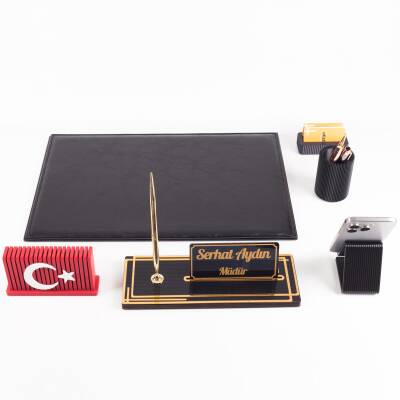 Redora Türk Bayrağı Biblolu Siyah Deri Sümen Seti İsme Özel Ofis Masa İsimliği Masaüstü İsimlik Seti - 5