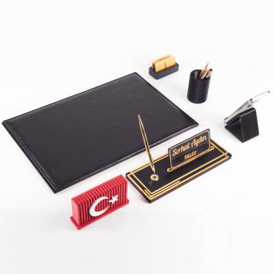 Redora Türk Bayrağı Biblolu Siyah Deri Sümen Seti İsme Özel Ofis Masa İsimliği Masaüstü İsimlik Seti - 6