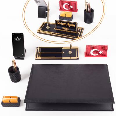 Redora Türk Bayrağı Biblolu Siyah Deri Sümen Seti İsme Özel Ofis Masa İsimliği Masaüstü İsimlik Seti - Ofistike
