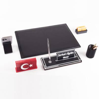 Redora Türk Bayraklı Biblolu Gümüş Renk Deri Ofis Sümen Seti İsme Özel Masa İsimliği Masaüstü Seti - 2