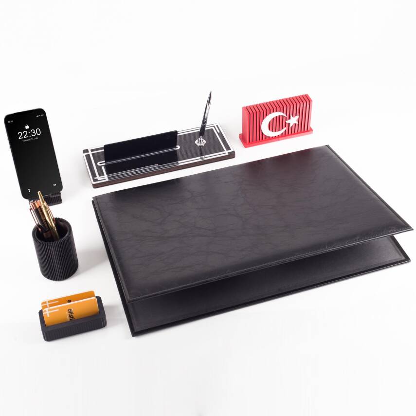 Redora Türk Bayraklı Biblolu Gümüş Renk Deri Ofis Sümen Seti İsme Özel Masa İsimliği Masaüstü Seti - 3