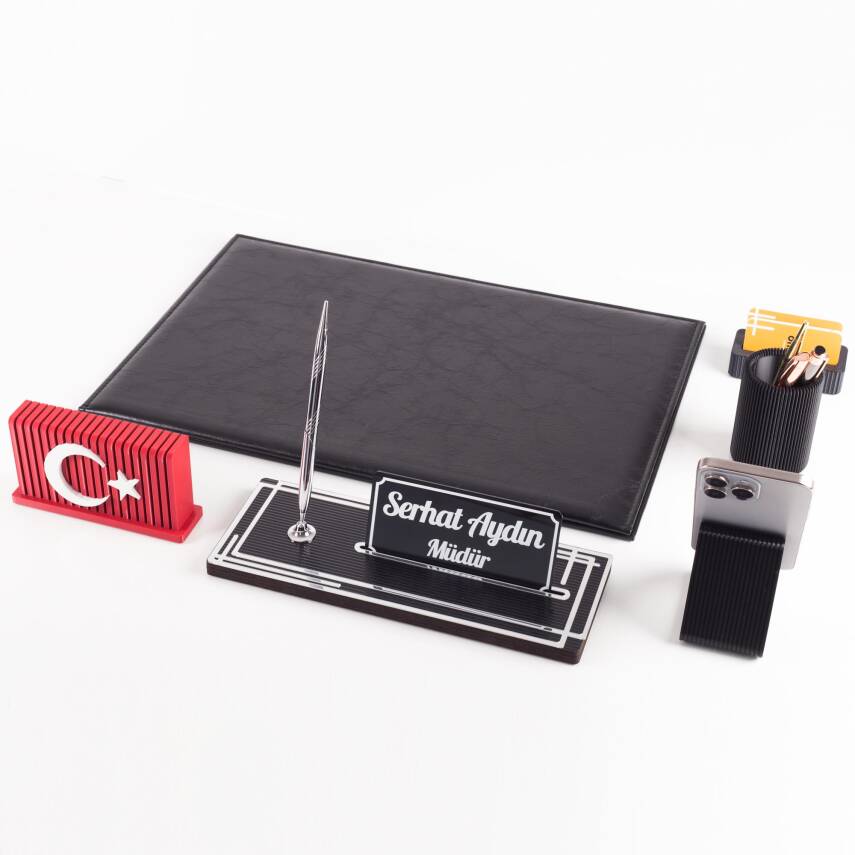 Redora Türk Bayraklı Biblolu Gümüş Renk Deri Ofis Sümen Seti İsme Özel Masa İsimliği Masaüstü Seti - 5