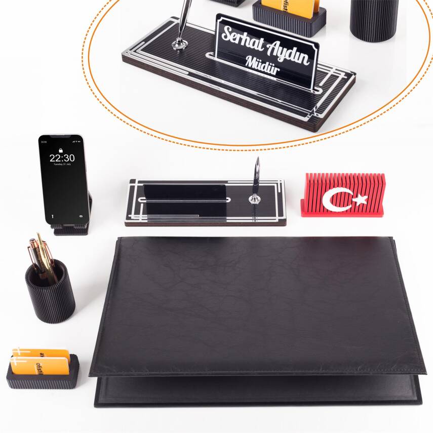 Redora Türk Bayraklı Biblolu Gümüş Renk Deri Ofis Sümen Seti İsme Özel Masa İsimliği Masaüstü Seti - 1