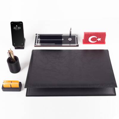 Redora Türk Bayraklı Biblolu Gümüş Renk Deri Ofis Sümen Seti İsme Özel Masa İsimliği Masaüstü Seti - 4
