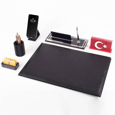 Redora Türk Bayraklı Biblolu Gümüş Renk Deri Ofis Sümen Seti İsme Özel Masa İsimliği Masaüstü Seti - 6
