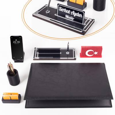 Redora Türk Bayraklı Biblolu Gümüş Renk Deri Ofis Sümen Seti İsme Özel Masa İsimliği Masaüstü Seti - Ofistike