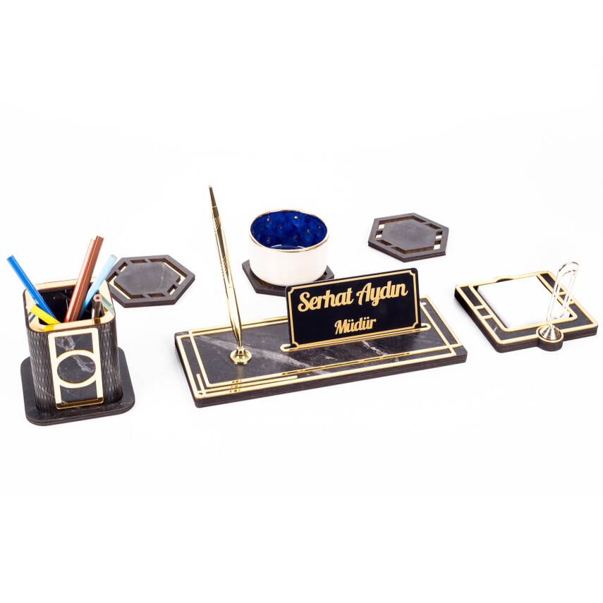 Retro Gold Kalemli Ataçlı Ahşap Masa İsimliği Bardak Altlığı Kalemlik Notluk İsimlik Masa Seti - 2