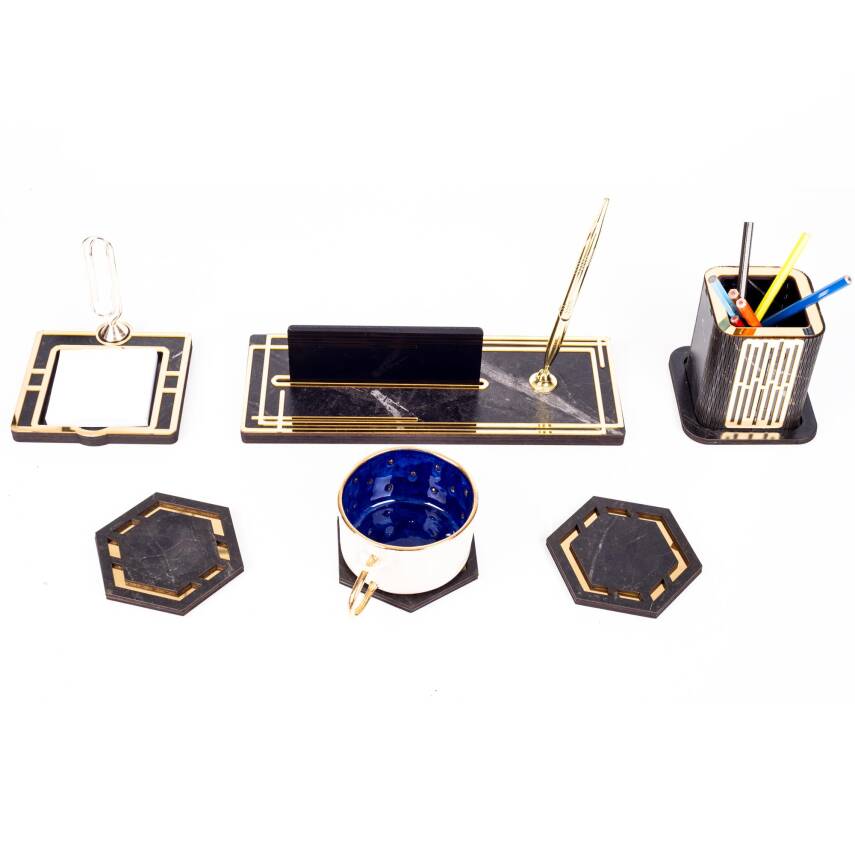 Retro Gold Kalemli Ataçlı Ahşap Masa İsimliği Bardak Altlığı Kalemlik Notluk İsimlik Masa Seti - 3