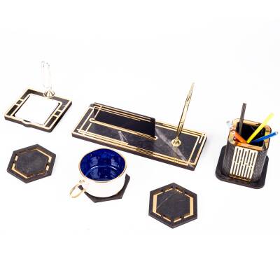 Retro Gold Kalemli Ataçlı Ahşap Masa İsimliği Bardak Altlığı Kalemlik Notluk İsimlik Masa Seti - 4